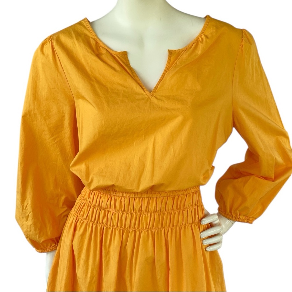 TALBOTS Smocked Poplin Yellow A-Line Midi Dress Split Neckline 3/4 Sleeve Sz 10 - Picture 9 of 16